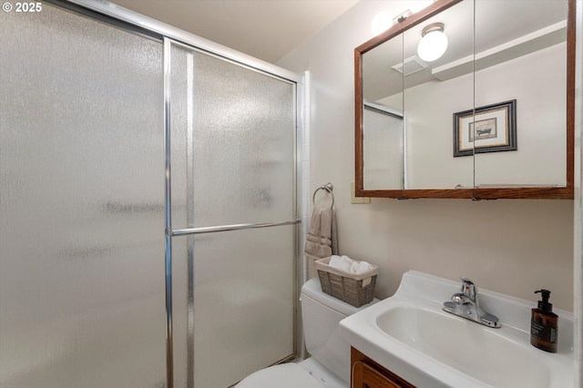 full bathroom featuring vanity, toilet, visible vents, and a stall shower