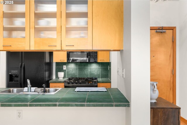 kitchen featuring sink, backsplash, and black appliances