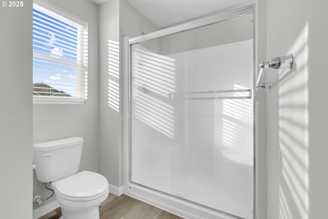 bathroom with wood-type flooring, toilet, and walk in shower