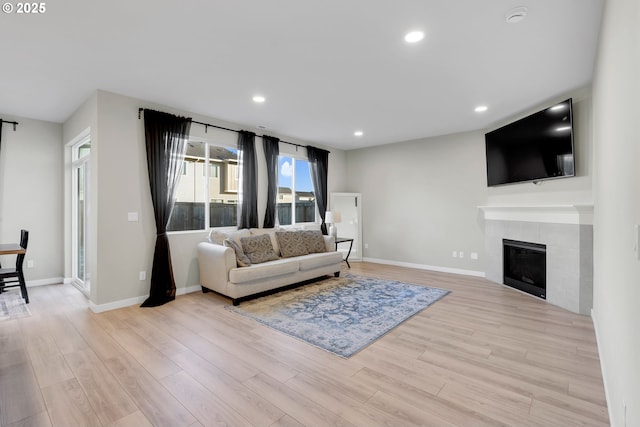 living room featuring a fireplace and light hardwood / wood-style floors