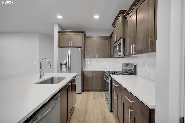 kitchen featuring sink, dark brown cabinets, light hardwood / wood-style flooring, appliances with stainless steel finishes, and decorative backsplash