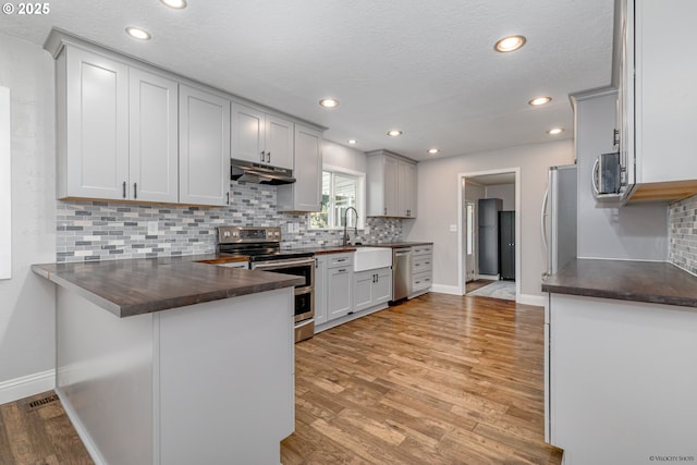 35538 SE Snuffin Rd, Estacada, OR 97023 - kitchen with appliances with stainless steel finishes, under cabinet range hood, a peninsula, decorative backsplash, and light wood-style flooring
