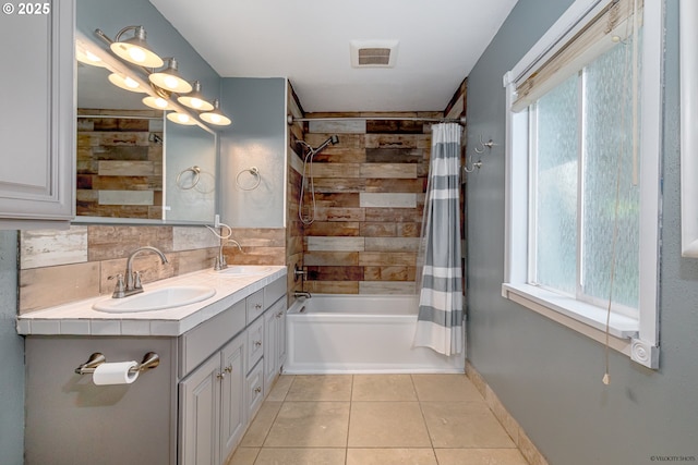 35538 SE Snuffin Rd, Estacada, OR 97023 - full bath with tile patterned floors, double vanity, shower / bath combo, and backsplash