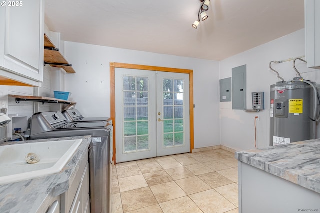 35538 SE Snuffin Rd, Estacada, OR 97023 - laundry room featuring cabinet space, electric water heater, washer and dryer, electric panel, and french doors