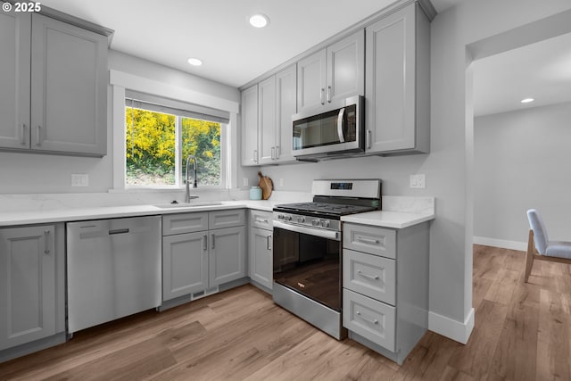35681 Bella Ridge Loop, Astoria, OR 97103 - kitchen featuring appliances with stainless steel finishes, gray cabinets, a sink, light wood-type flooring, and baseboards