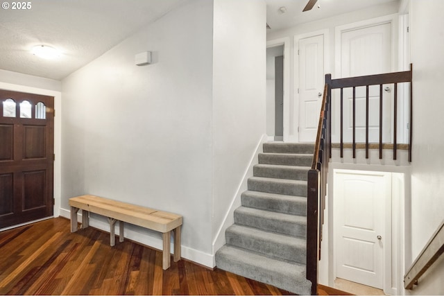 foyer featuring dark wood-type flooring and ceiling fan