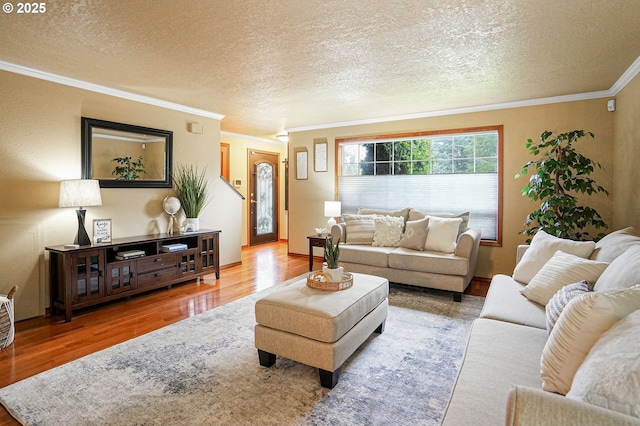 living room with hardwood / wood-style flooring, a textured ceiling, and ornamental molding