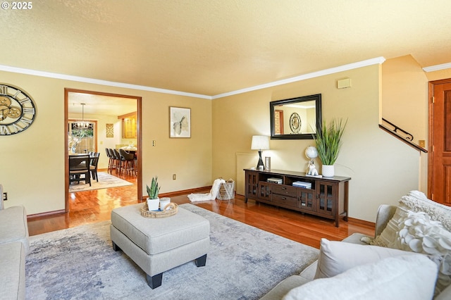 living room featuring ornamental molding and hardwood / wood-style flooring