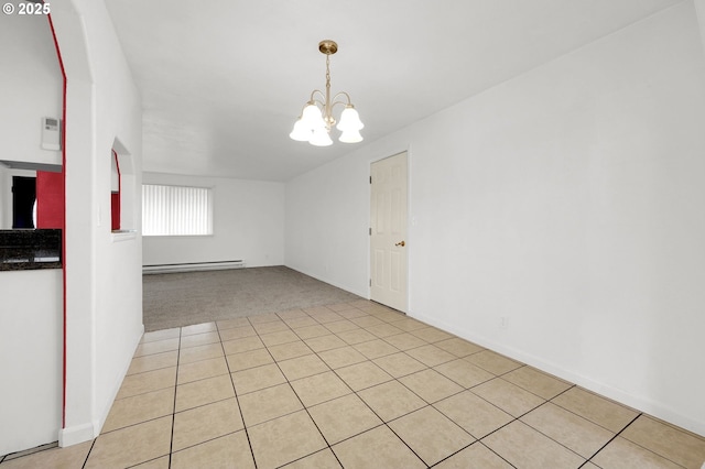 unfurnished dining area featuring baseboard heating, a notable chandelier, and light carpet