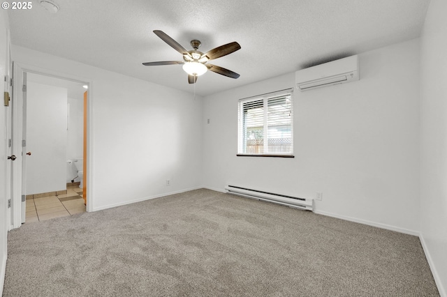 carpeted spare room featuring ceiling fan, baseboard heating, a textured ceiling, and an AC wall unit