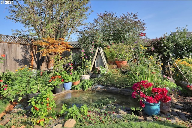 view of yard featuring a small pond