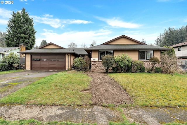 ranch-style house with brick siding, driveway, a front lawn, and a garage