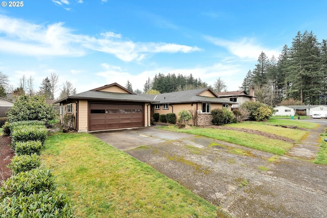 ranch-style home with brick siding, driveway, a front yard, and a garage