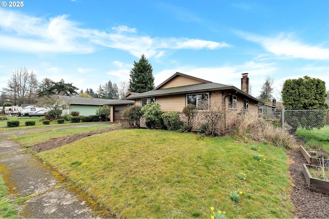 single story home featuring a front yard, fence, a chimney, a garage, and brick siding