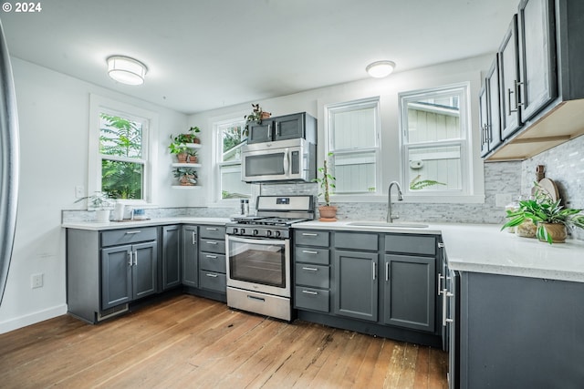 kitchen with gray cabinetry, sink, light hardwood / wood-style floors, decorative backsplash, and appliances with stainless steel finishes