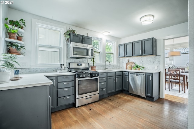 kitchen featuring decorative backsplash, appliances with stainless steel finishes, light hardwood / wood-style floors, sink, and gray cabinets