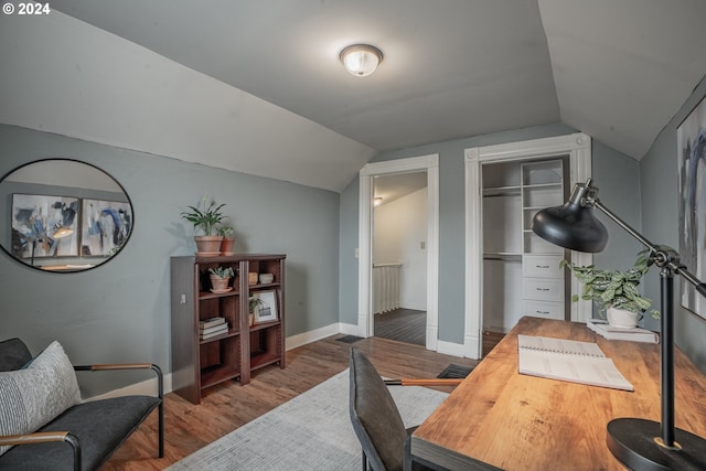 office with wood-type flooring and vaulted ceiling