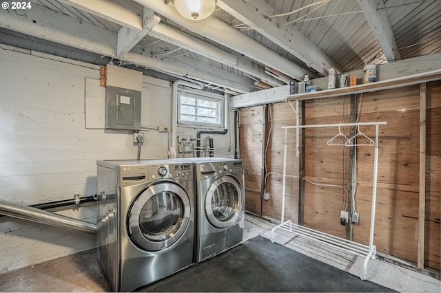 laundry area featuring electric panel and washing machine and clothes dryer