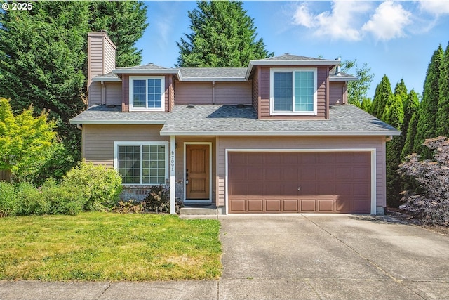 7091 SE Austin Dr, Hillsboro, OR 97123 - view of front of property featuring a chimney, a front yard, driveway, roof with shingles, and an attached garage