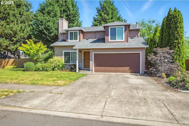 7091 SE Austin Dr, Hillsboro, OR 97123 - traditional-style home featuring a chimney, driveway, a shingled roof, and an attached garage