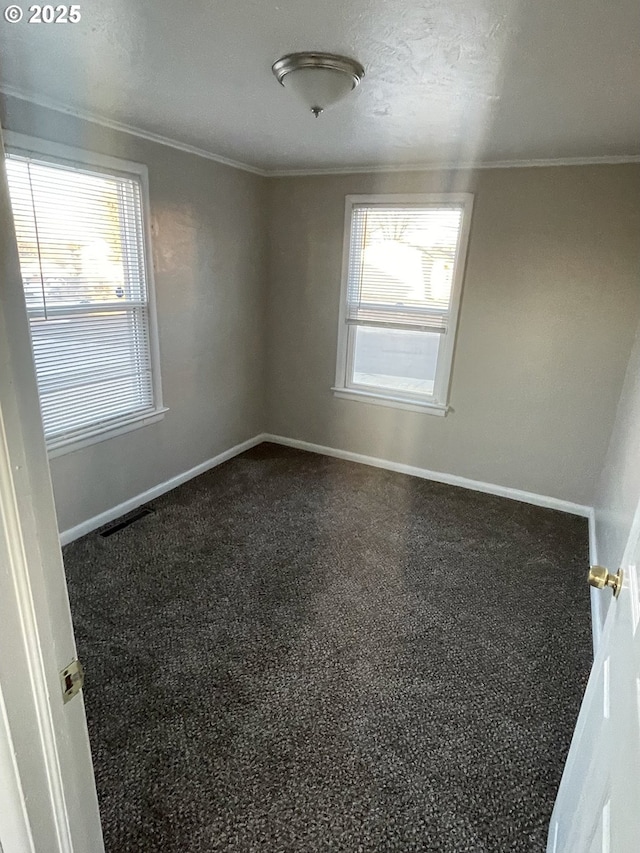 unfurnished room featuring ornamental molding, a textured ceiling, and carpet flooring