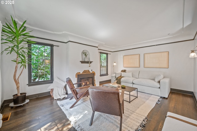 6406 N Michigan Ave, Portland, OR 97217 - living area with a glass covered fireplace, wood finished floors, baseboards, and ornamental molding