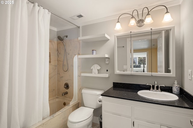 2977 Ingalls Way, Eugene, OR 97405 - bathroom featuring shower / bath combination with curtain, vanity, toilet, and ornamental molding