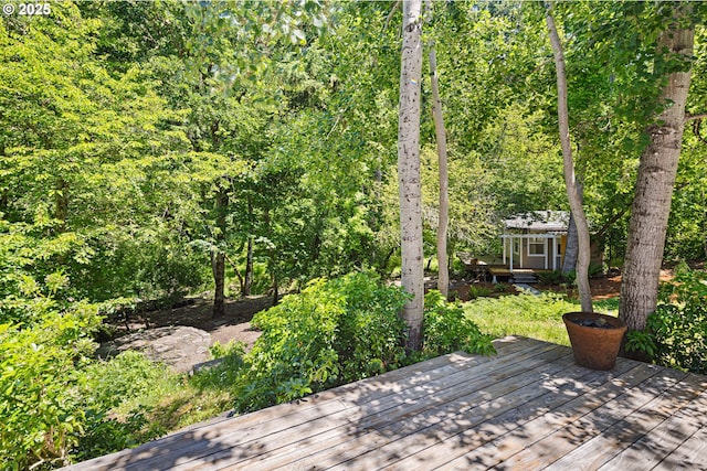 2977 Ingalls Way, Eugene, OR 97405 - wooden deck with an outdoor structure and a forest view