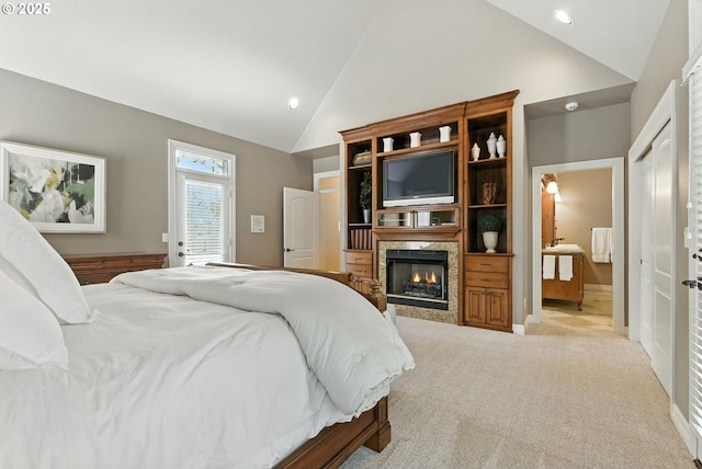 2812 Beacon Hill Dr, West Linn, OR 97068 - bedroom featuring a warm lit fireplace, carpet floors, recessed lighting, ensuite bath, and high vaulted ceiling