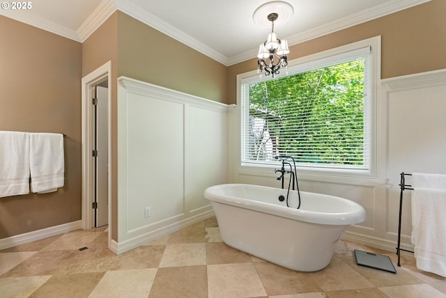 2812 Beacon Hill Dr, West Linn, OR 97068 - bathroom featuring a soaking tub, a chandelier, and crown molding