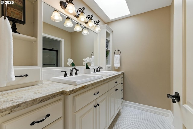 2812 Beacon Hill Dr, West Linn, OR 97068 - full bath with a skylight, double vanity, tile patterned flooring, and a shower with shower door