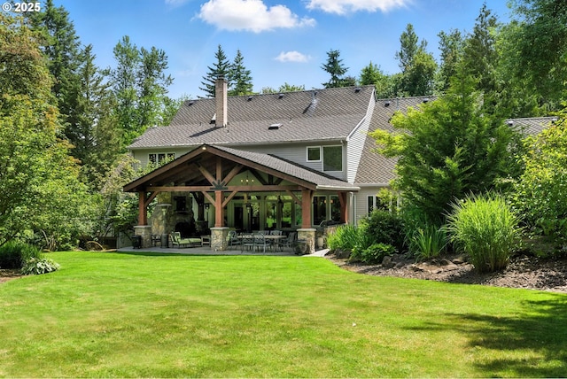 2812 Beacon Hill Dr, West Linn, OR 97068 - rear view of house featuring a lawn, a patio area, a chimney, and a shingled roof
