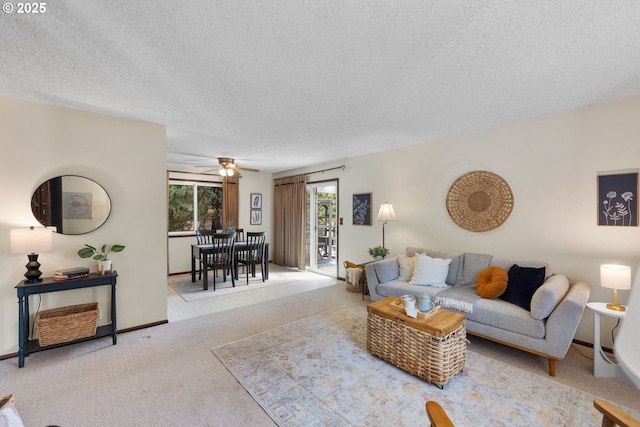 44505 SW Knight Rd, Gaston, OR 97119 - living area featuring carpet floors, a textured ceiling, and ceiling fan