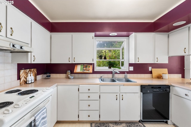44505 SW Knight Rd, Gaston, OR 97119 - kitchen featuring dishwasher, white electric range, a sink, under cabinet range hood, and light countertops