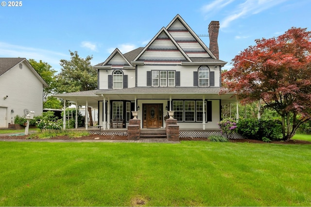 34085 Berg Rd, Warren, OR 97053 - victorian home with covered porch, a front lawn, and a chimney