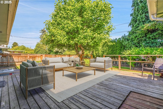 4803 SE Fieldcrest Dr, Milwaukie, OR 97222 - wooden deck with an outdoor hangout area and a fenced backyard
