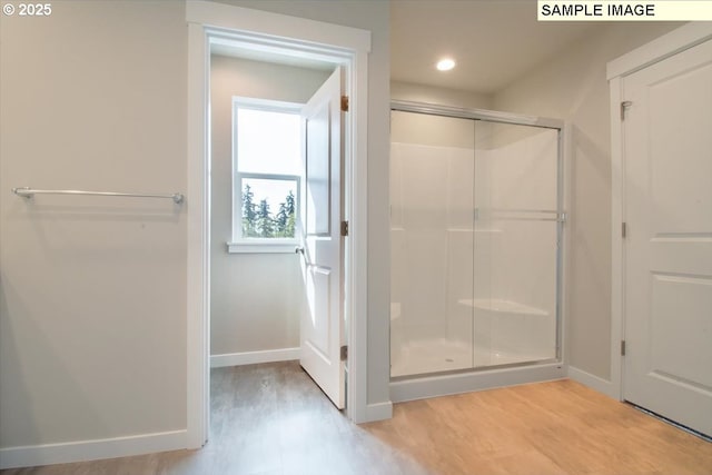4205 NE 186th St Lot 265, Vancouver, WA 98686 - bathroom with a shower stall, baseboards, wood finished floors, and recessed lighting