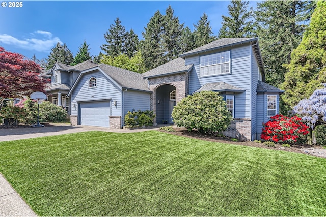 traditional home featuring roof with shingles, aphalt driveway, a front lawn, and brick siding