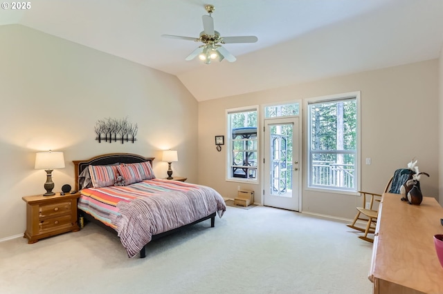 bedroom with access to outside, baseboards, lofted ceiling, and light colored carpet