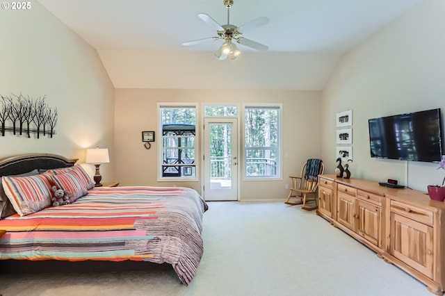 bedroom featuring access to outside, ceiling fan, lofted ceiling, and light colored carpet