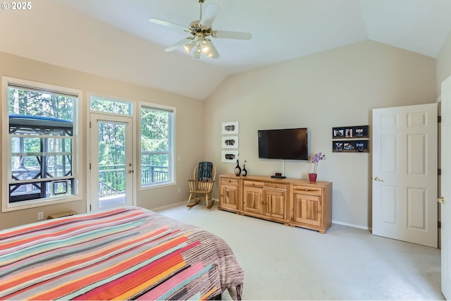 bedroom with baseboards, vaulted ceiling, light carpet, and access to exterior