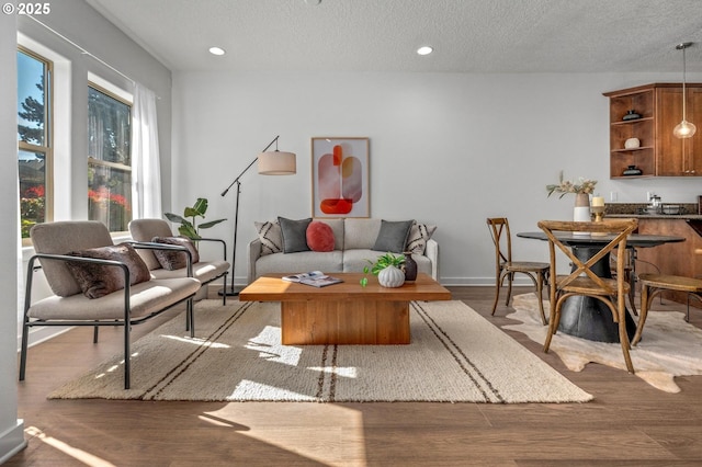 4409 NE Killingsworth St Unit 103, Portland, OR 97218 - living area featuring wood finished floors, a textured ceiling, and recessed lighting
