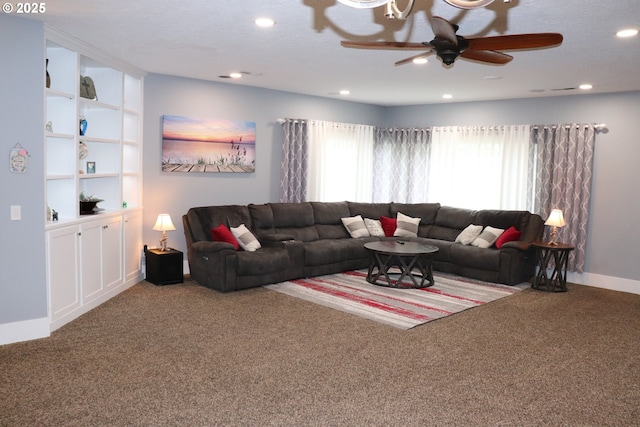 4718 NE 129th Ave, Vancouver, WA 98682 - carpeted living room featuring a ceiling fan, baseboards, recessed lighting, and built in shelves