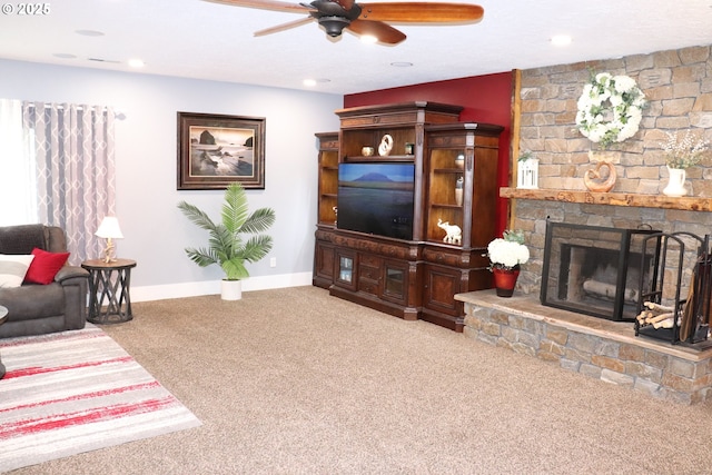 4718 NE 129th Ave, Vancouver, WA 98682 - carpeted living area featuring ceiling fan, a fireplace, and baseboards
