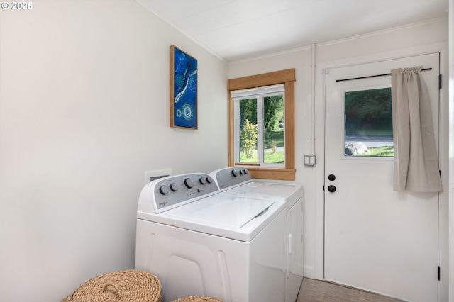 12990 I St, Nehalem, OR 97131 - washroom with washing machine and dryer and ornamental molding