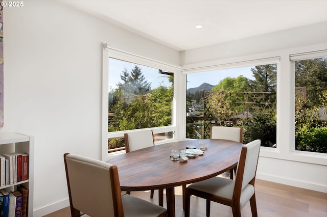 12990 I St, Nehalem, OR 97131 - dining room featuring wood finished floors, a mountain view, and baseboards
