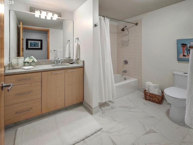 1030 NW Johnson St Unit 323, Portland, OR 97209 - full bath with shower / tub combo with curtain, toilet, vanity, and marble finish floors