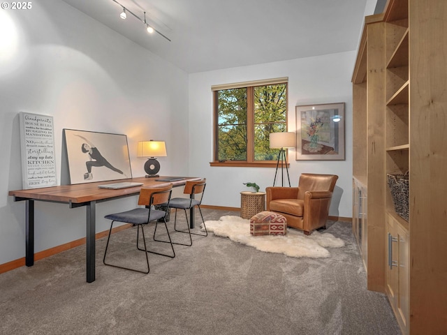 1030 NW Johnson St Unit 323, Portland, OR 97209 - carpeted home office featuring rail lighting, baseboards, and lofted ceiling