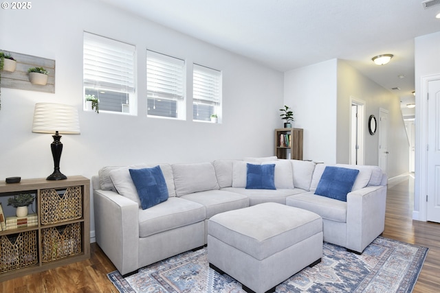 living room featuring dark wood-type flooring