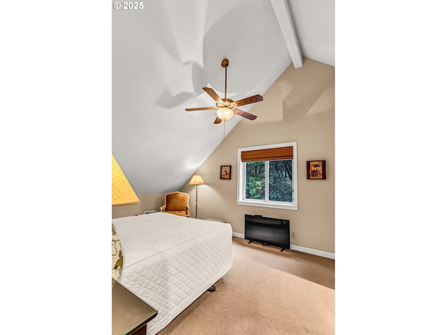 carpeted bedroom with baseboards and lofted ceiling with beams